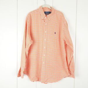Ralph Lauren Mens Long Sleeve Button Up Shirt Size 17 1/2 33/34 Orange Gingham